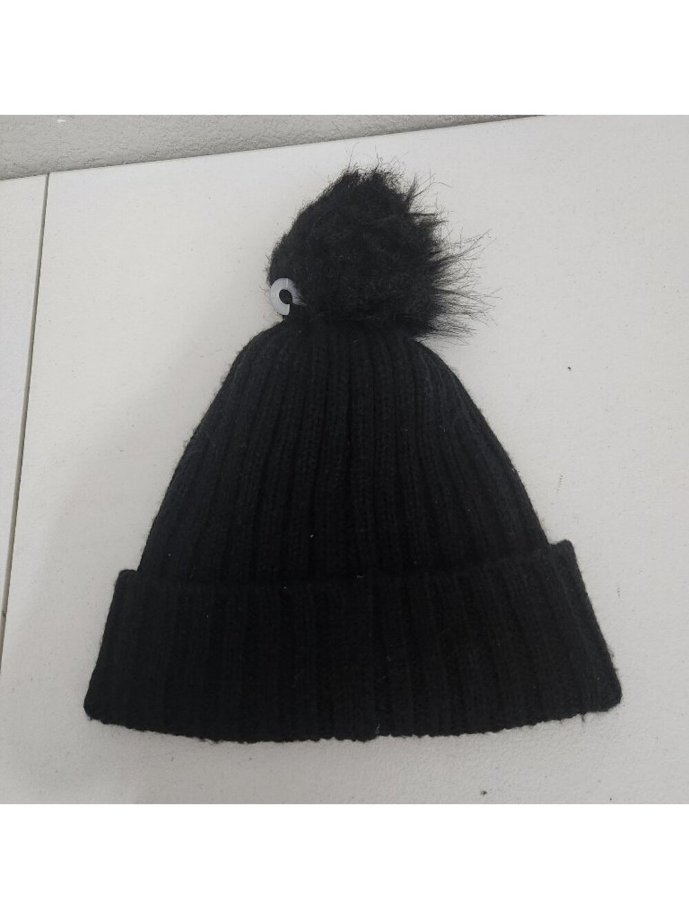 Calvin Klein Black Ribbed Knit Beanie With Faux Fur Pom-Pom And Logo Detail